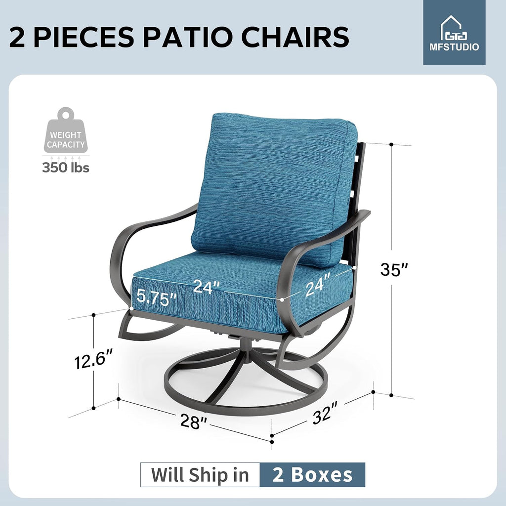 MFSTUDIO Metal Patio Conversation Sets, Outdoor Furniture Sofas Set of 2, 2 Pieces Durable Steel Frame Patio Swivel Chairs with 5.8' Peacock Blue Cushions for Patio Garden Backyard Balcony