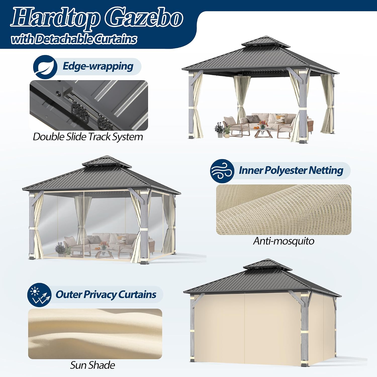 COVERONICS 12'x12' Outdoor Wood Gazebo - Hardtop Wooden Gazebo with Galvanized Steel Roof, Heavy-Duty Pavilion with Netting & Curtains for Garden, Poolside, Deck, Backyard