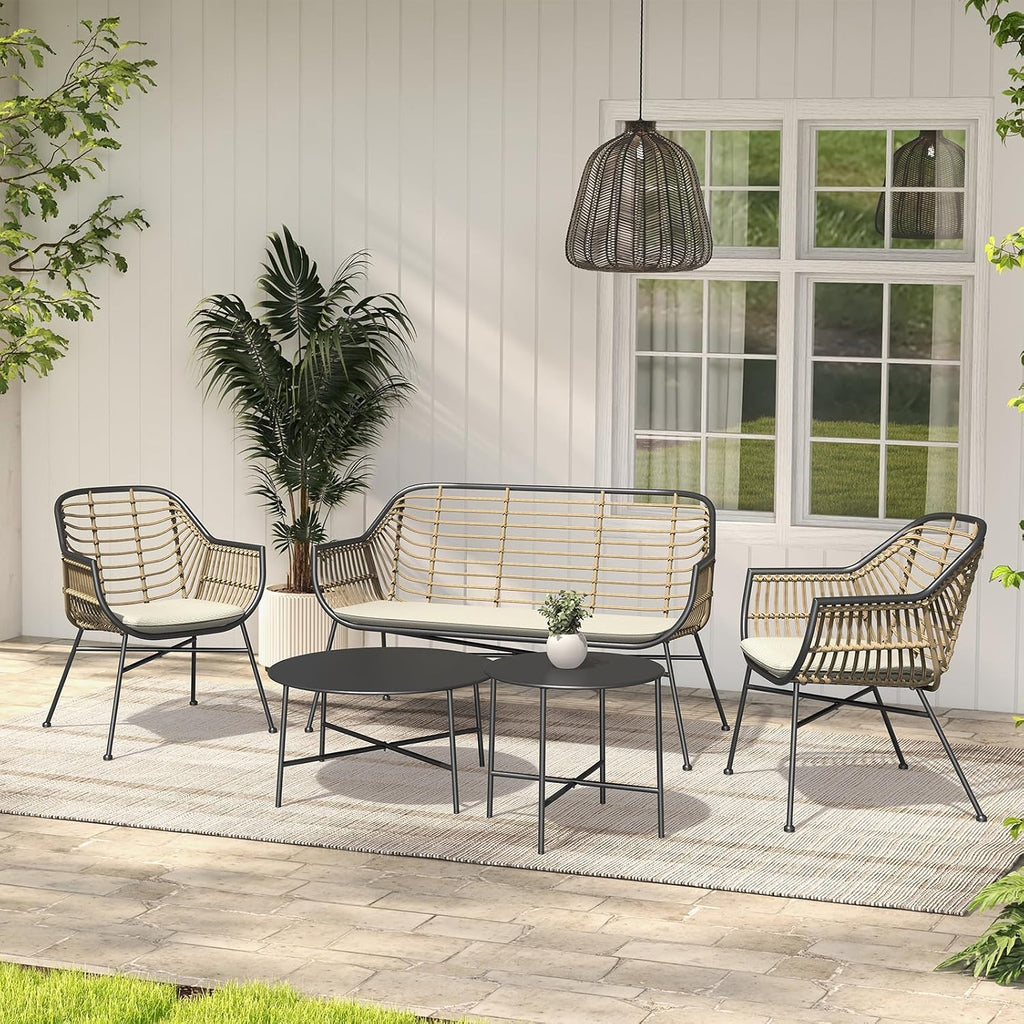 Grand patio Patio Furniture Set, Outdoor Wicker Patio Conversation Seating Chair with Cushions and Coffee Table, Boho Seating Chat Set for Indoor Outdoor, Balcony, Porch, Garden, Deck