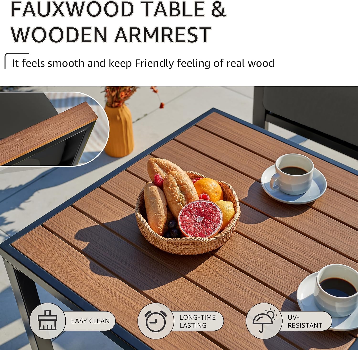 NATURAL EXPRESSIONS 6 Pieces Patio Furniture Set, Outdoor Couch with Thick Olefin Cushions, Fauxwood Armrest and Tabletop, Ergonomic Highback, Sectional Outdoor Furniture for Backyard, Deck Dark Grey