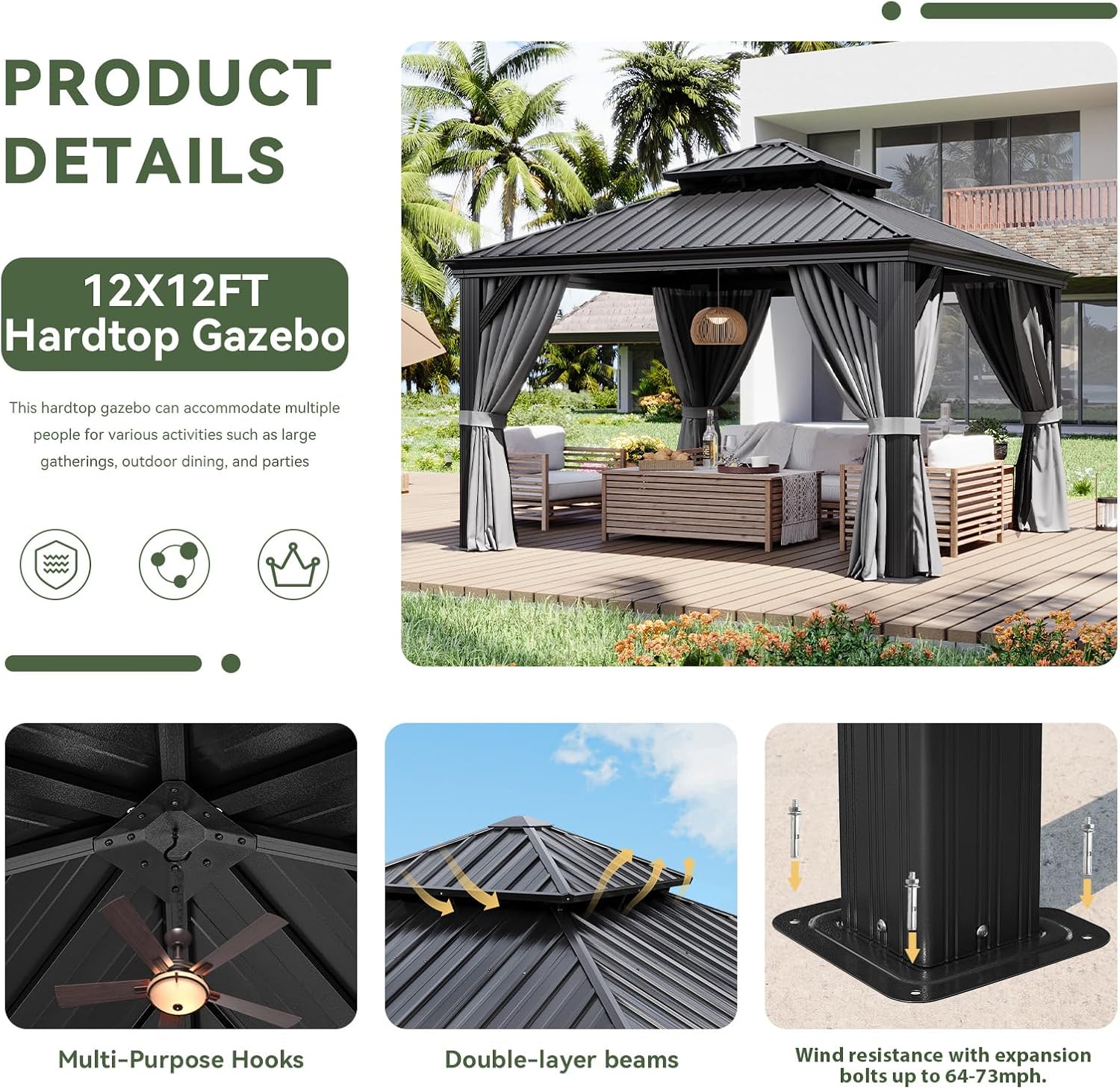 Aoxun 12' X 12' Hardtop Gazebo with Drainage System, Aluminum Outdoor Gazebo with Galvanized Steel Double Roof, Patio Permanent Metal Pavilion with Netting, for Garden, Deck, Backyard, Grey