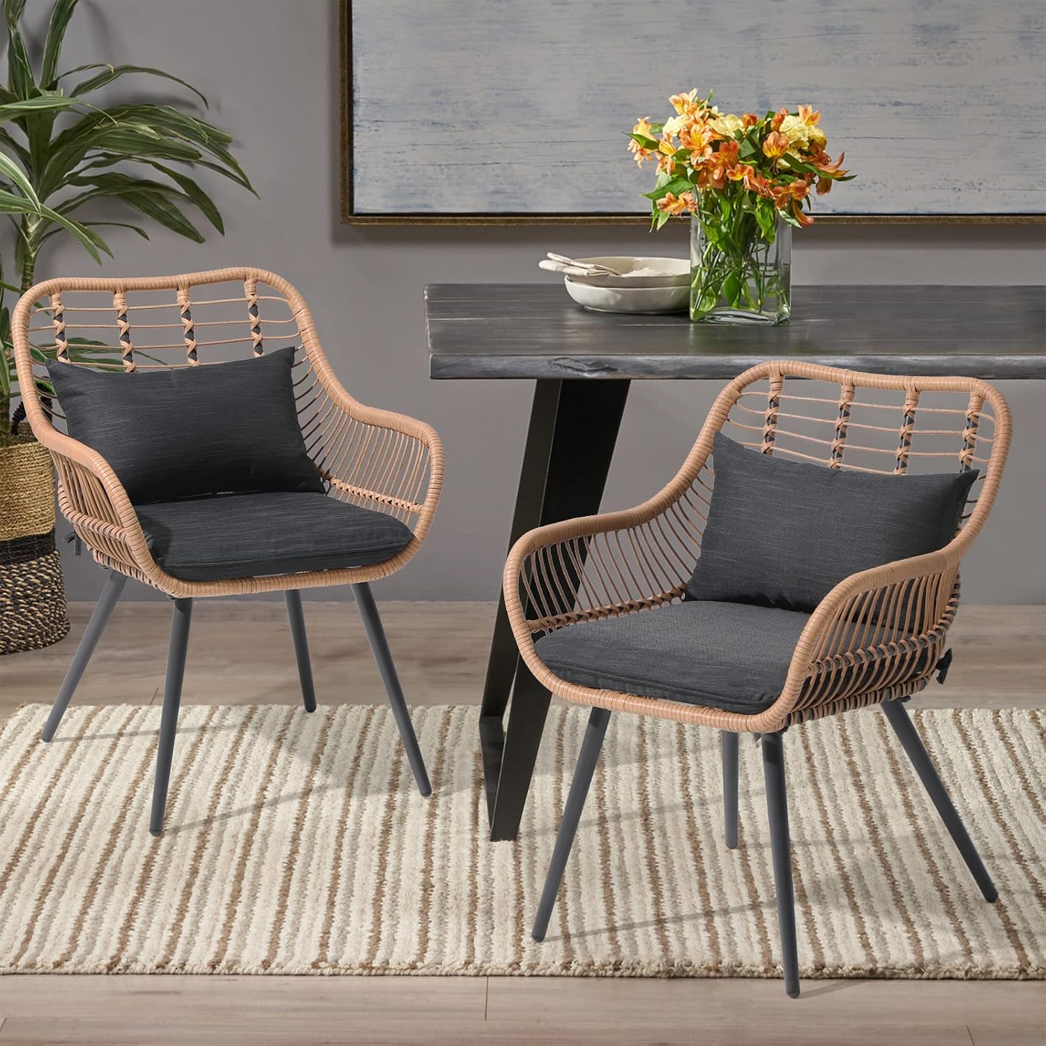 Verano Garden Set of 2 Patio Dining Chairs, Outdoor Wicker Seating Set with Soft Cushion for Indoor & Outdoor Use, Modern Wicker Dining Chairs for Backyard