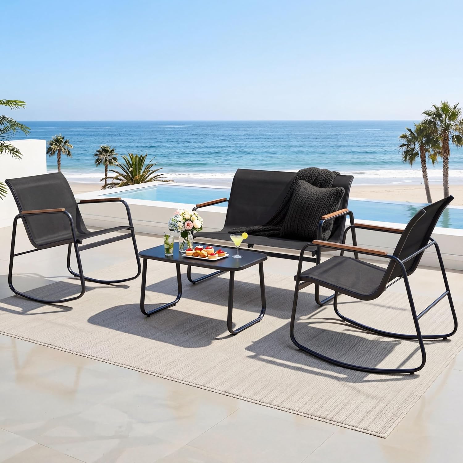 YITAHOME 4 Pieces Patio Furniture Set, Outdoor Textilene Conversation Sets Rocking Bistro Chairs, Loveseat and Glass Table for Living Room Lawn Garden Balcony Poolside Backyard (Black)