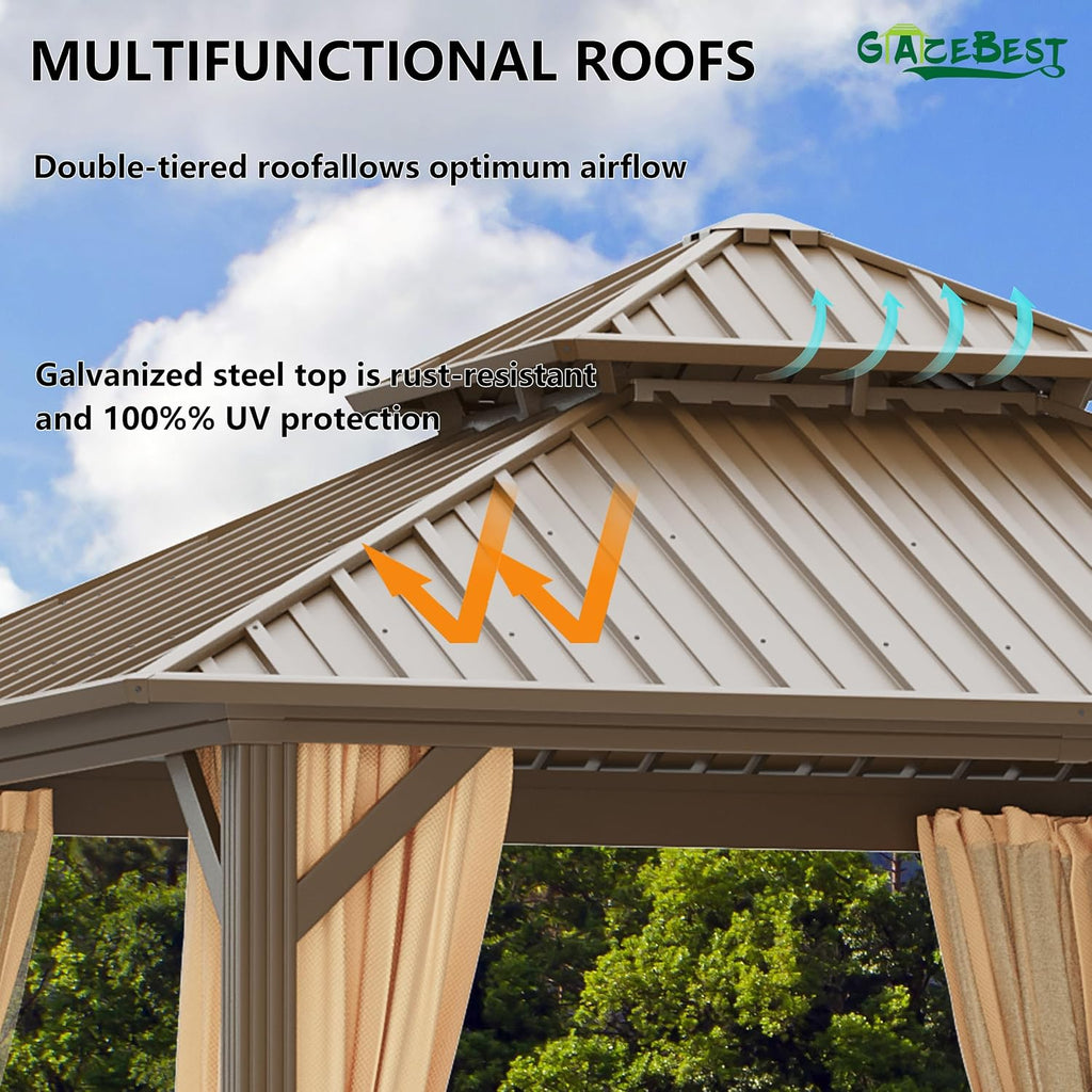10'x10' Hardtop Gazebo Outdoor Aluminum Patio Gazebo Double Roof Galvanized Steel Canopy with Netting and Curtains,for Garden, Backyard,Deck and Lawns