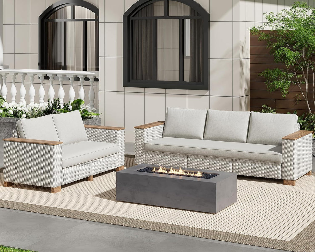 PaPaJet 5-Piece Wicker Patio Furniture Set with Solid Wood Armrest, Outdoor Patio Set with Thick Legs, UV-Resistant Modular Outdoor Sectional Sofa for Backyard, Porch, Garden