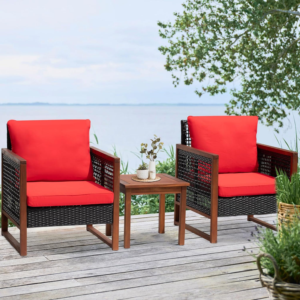 PayLessHere 3 Pieces Patio Set Wicker Patio Furniture Acacia Wood Outdoor Patio Furniture Set Rattan Chair Conversation Sets Bistro Set with Coffee Table and Water Resistant Cushions(Red)