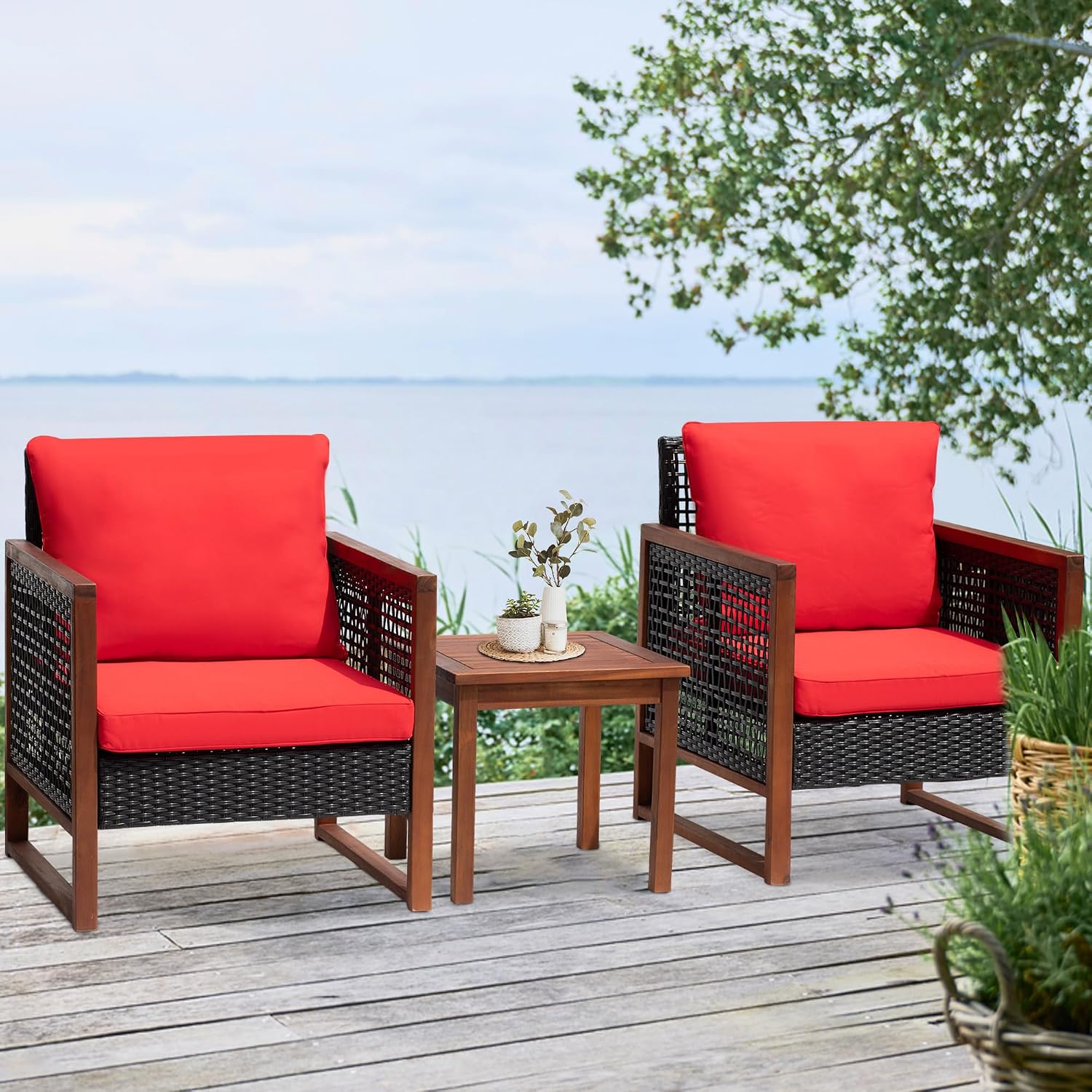 PayLessHere 3 Pieces Patio Set Wicker Patio Furniture Acacia Wood Outdoor Patio Furniture Set Rattan Chair Conversation Sets Bistro Set with Coffee Table and Water Resistant Cushions(Red)