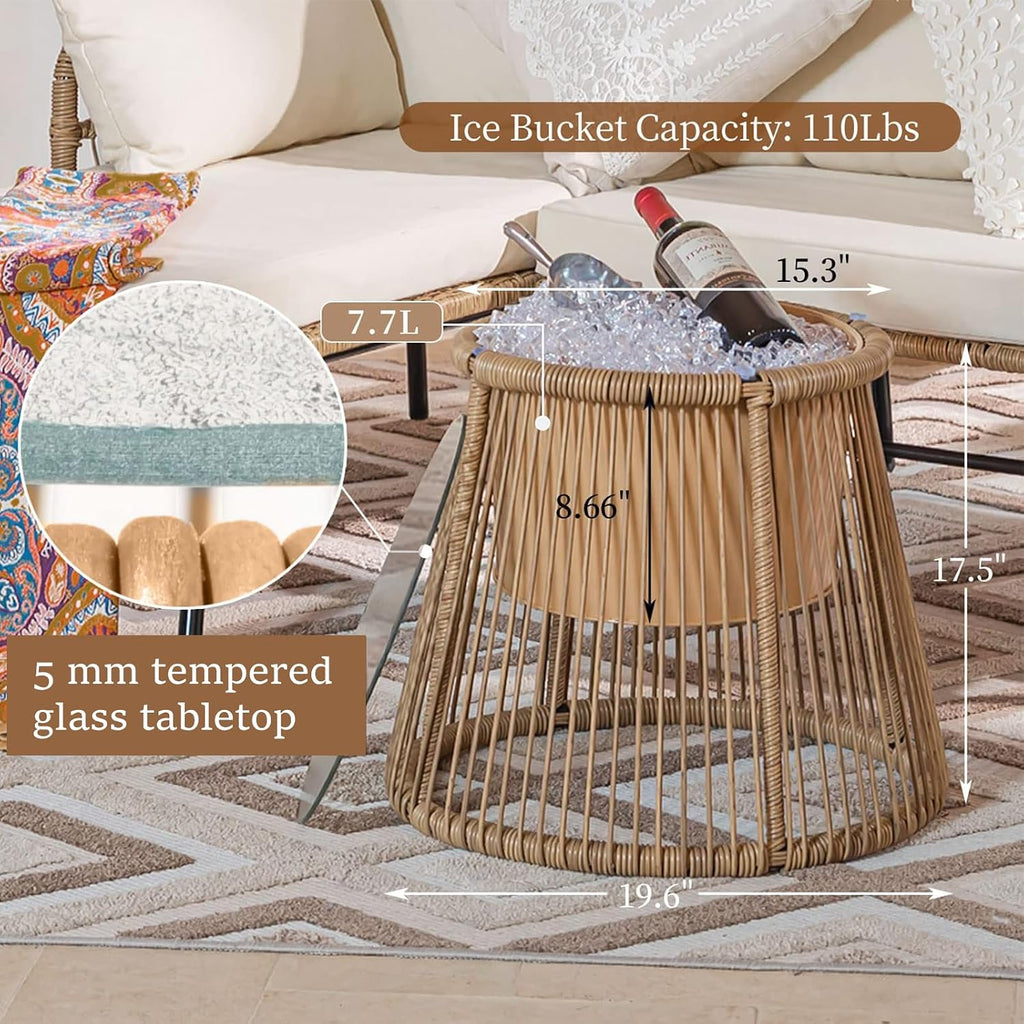 NICESOUL Boho 3-Piece L-Shaped Outdoor Patio Furniture Set with Comfy 2' Thickened Cushion, High Back Wicker Lounge Sectional Sofa w/Ice Bucket for Porch Balcony Deck Garden, Beige