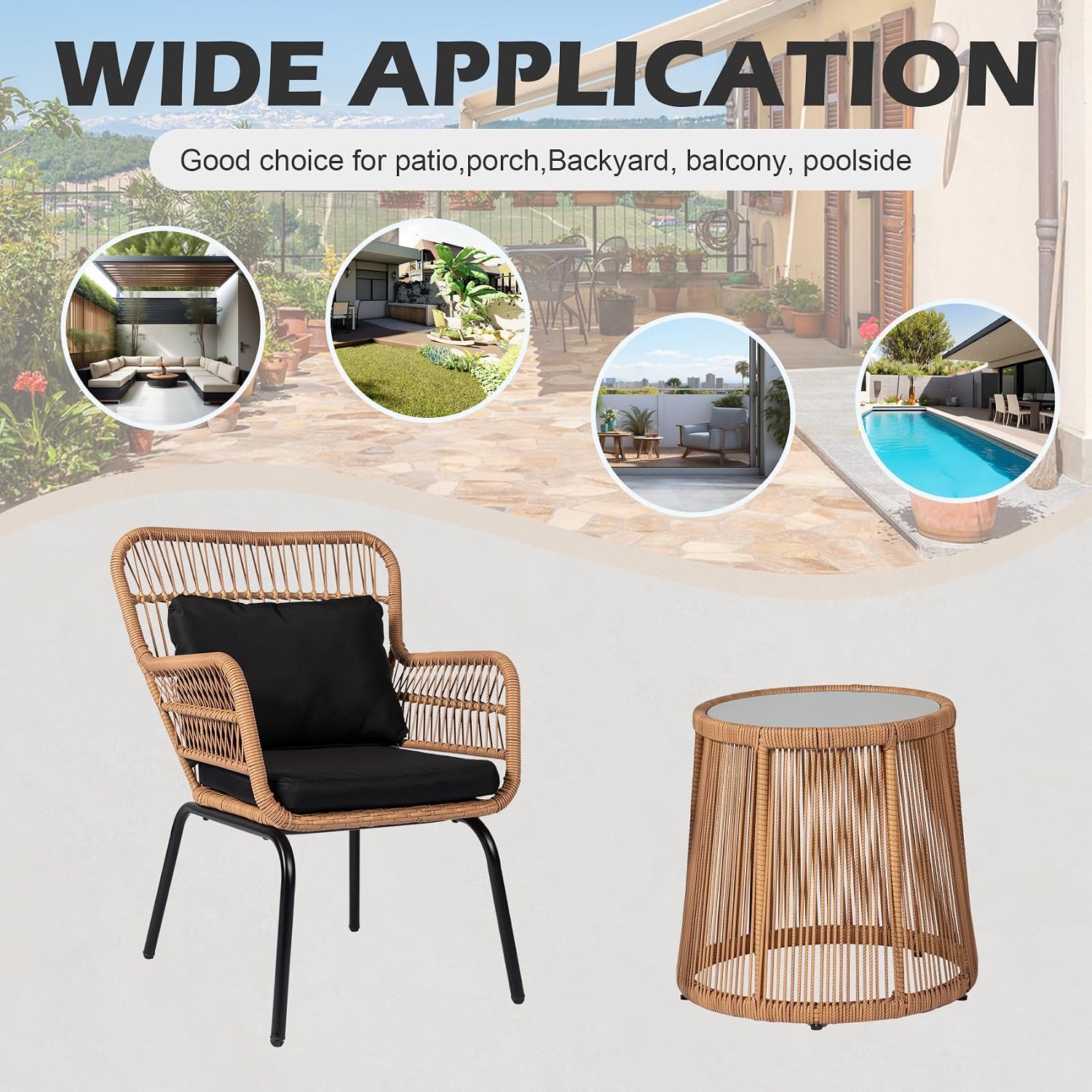3 Piece Outdoor Wicker Furniture Bistro Set, Rattan Chairs Conversation Sets with Solar Light, Wicker Patio Furniture for Balcony Poolside Backyard, Black