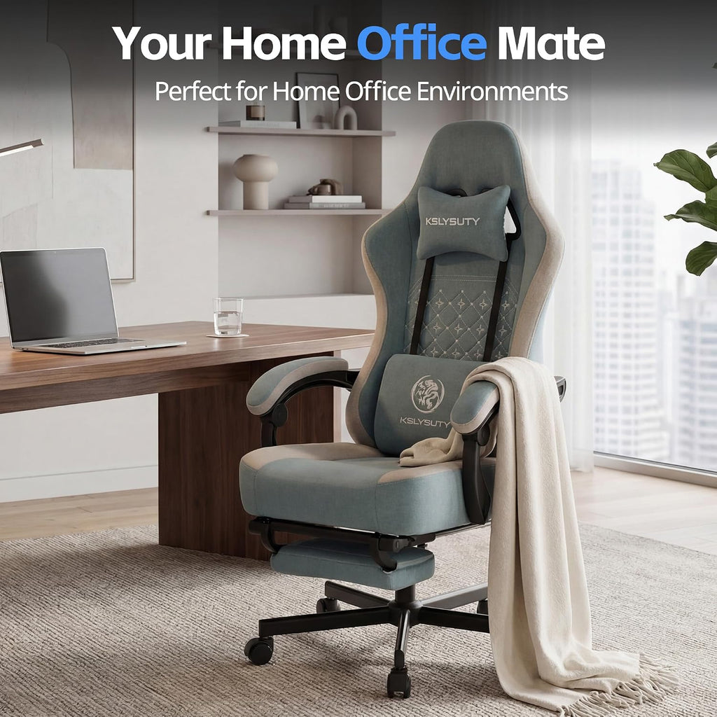 Gaming Chair Breathable Fabric with Pocket Spring Cushion, Wide and High Ergonomic Office Chair with Headrest, Computer Gaming Chair with Footrest for Adult and Teen (Blue Fabric)