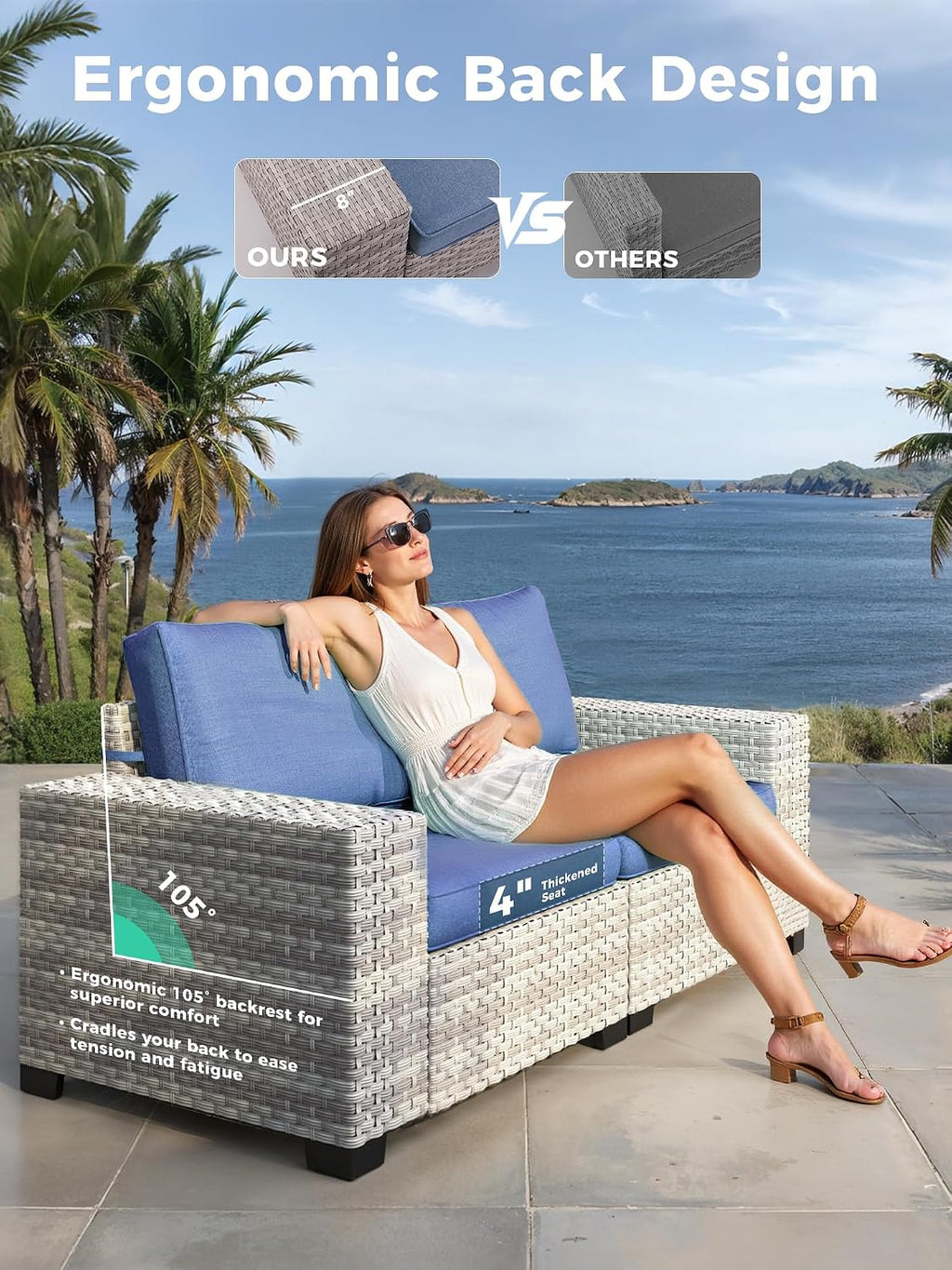 9 Piece Outdoor Patio Furniture Set with Swivel Chairs, 7-Seats Wicker Sectional Sofa Set with Thickened Cushions & Coffee Table for Garden, Backyard, Porch, Blue