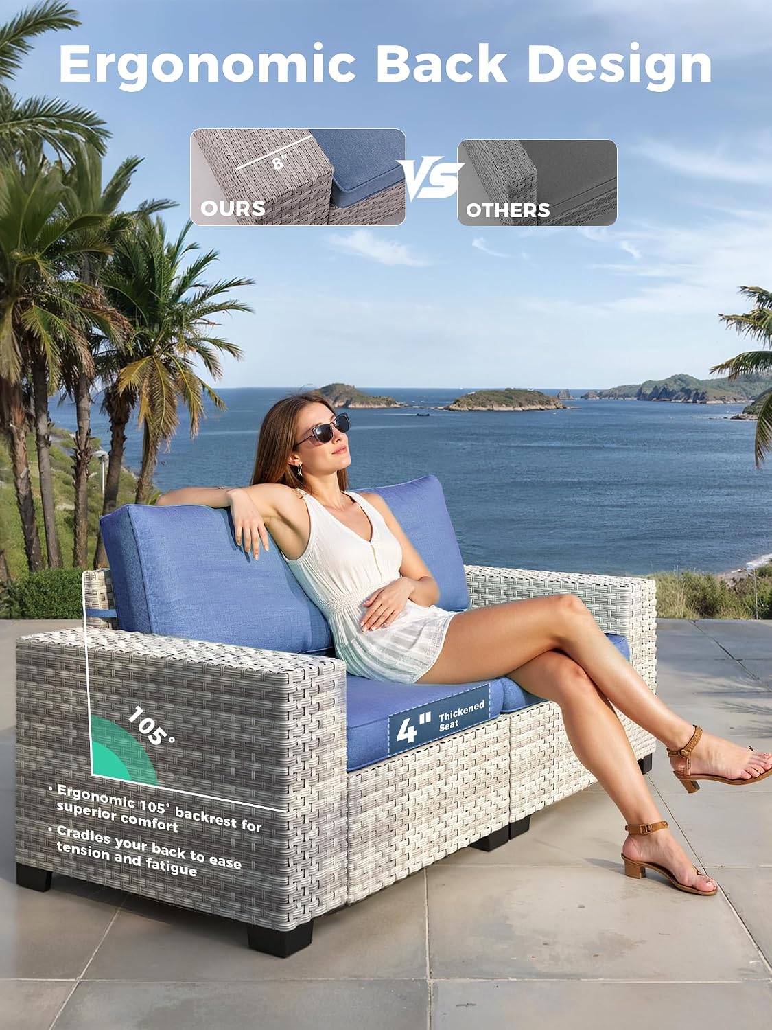 9 Piece Outdoor Patio Furniture Set with Swivel Chairs, 7-Seats Wicker Sectional Sofa Set with Thickened Cushions & Coffee Table for Garden, Backyard, Porch, Blue