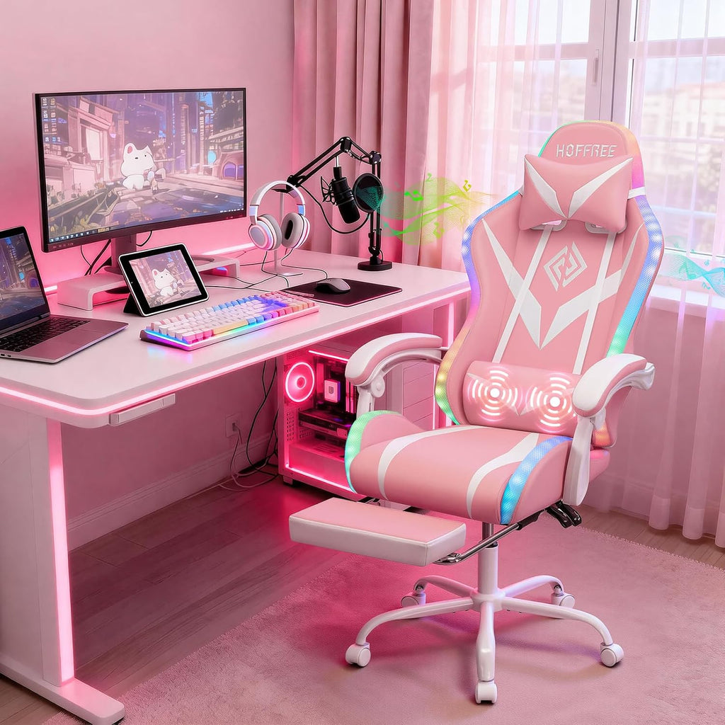 HOFFREE Pink Gaming Chair Massage with Bluetooth Speakers and Led Lights Ergonomic Computer Gaming Chair with Footrest RGB Video Game Chair with High Back Lumbar Support Pink and White