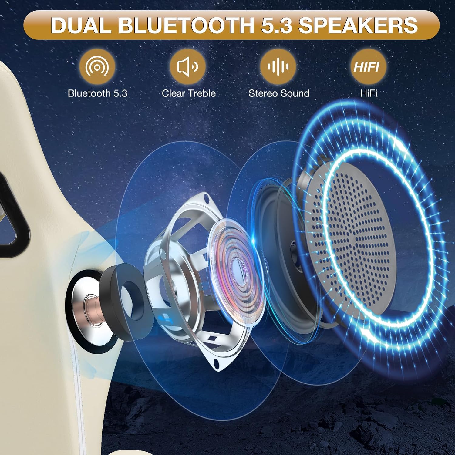 HOFFREE Gaming Chair Computer Chair with Speakers Massage Game Chairs with Footrest Bluetooth High Back Ergonomic Computer Gaming Chairs for Adults Reclining Video Gamer Chair Ivory