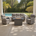 Belord Luxury 6' Thick Cushioned 5 Pieces Patio Furniture Set with Fire Pit Table, Wicker Outdoor Conversation Set with High Back Swivel Rocker Chairs for Deck Porch Yard and Poolside - Grey+Grey