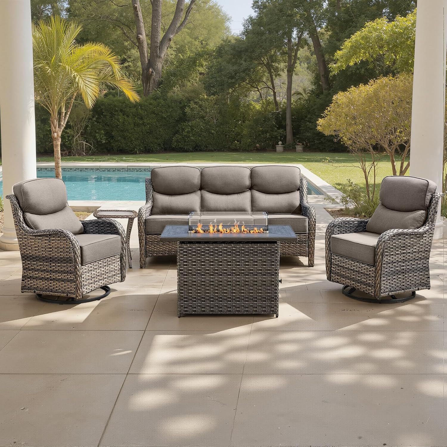 Belord Luxury 6' Thick Cushioned 5 Pieces Patio Furniture Set with Fire Pit Table, Wicker Outdoor Conversation Set with High Back Swivel Rocker Chairs for Deck Porch Yard and Poolside - Grey+Grey