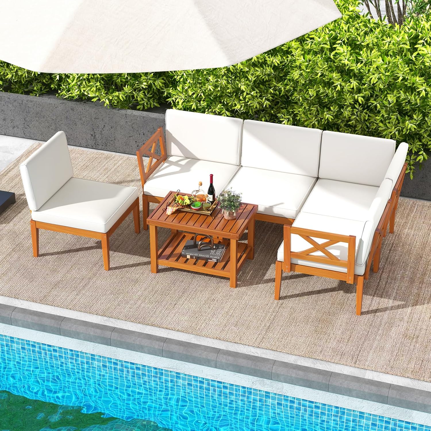 Tangkula 6 Pieces Acacia Wood Patio Furniture Set, Outdoor Sectional Conversation Set with Cushions and 2-Tier Coffee Table, L Shaped Corner Sofa Set for Garden, Porch, Poolside and Backyard