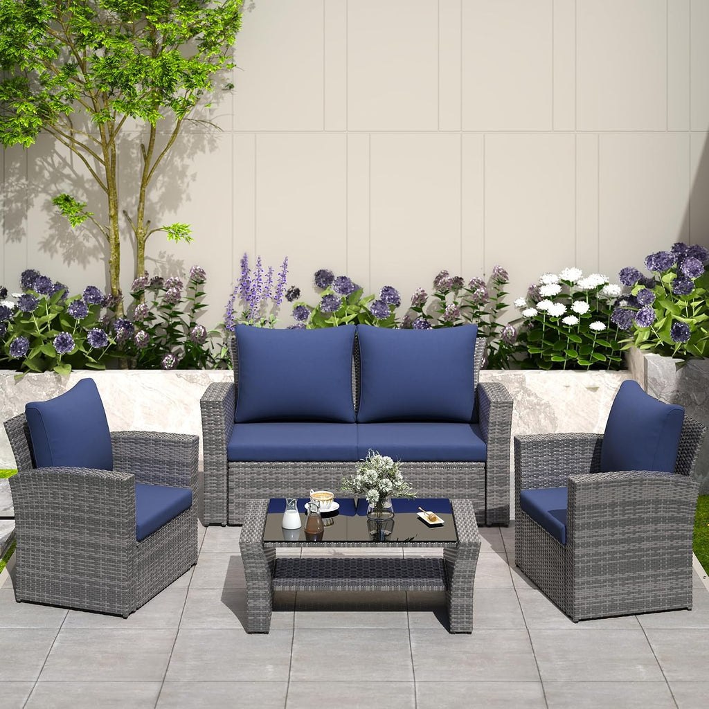 Solaste 4 Piece Outdoor Patio Furniture Set, Outdoor Sectional Sofa with Tempered Glass Coffee Table and Cushions, Wicker Rattan Patio Set for Backyard, Front Porch, Balcony, Navy