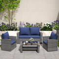 Solaste 4 Piece Outdoor Patio Furniture Set, Outdoor Sectional Sofa with Tempered Glass Coffee Table and Cushions, Wicker Rattan Patio Set for Backyard, Front Porch, Balcony, Navy
