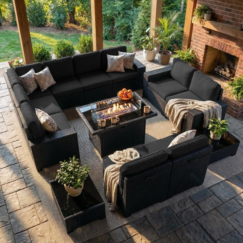 LayinSun 13 Pieces Outdoor Patio Furniture Set with 44' Fire Pit Table Rattan Sectional Sofa Conversation Sets