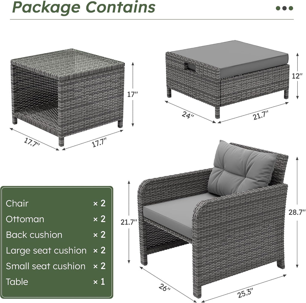 5 Pieces Patio Furniture Set, Hand-Woven Rattan Patio Conversation Set with Soft Cushions & Coffee Table, Outdoor Chairs with Hidden Ottoman for Porch, Lawn, Garden, Balcony, Grey