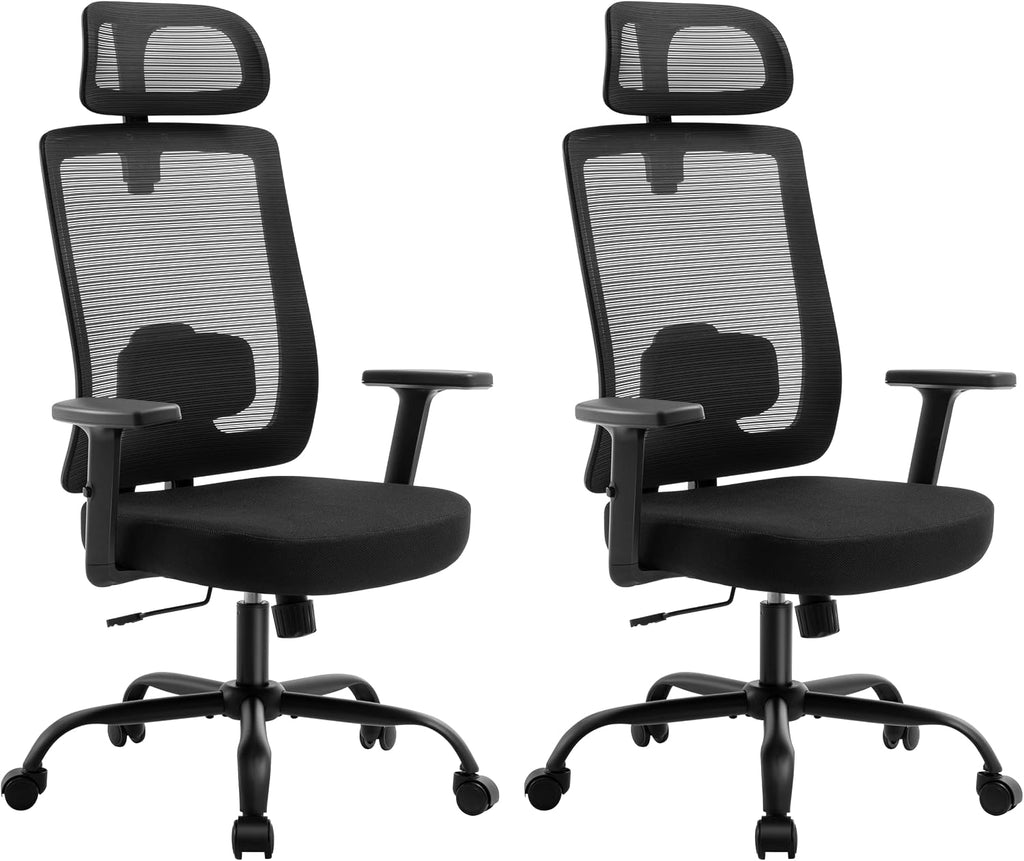 Ergonomic Office Chair Mesh Back, Office Desk Chair with Adjustable Lumbar Support, Rolling Work Chairs with Wheels and 3D Headrest, Set of 2, Black