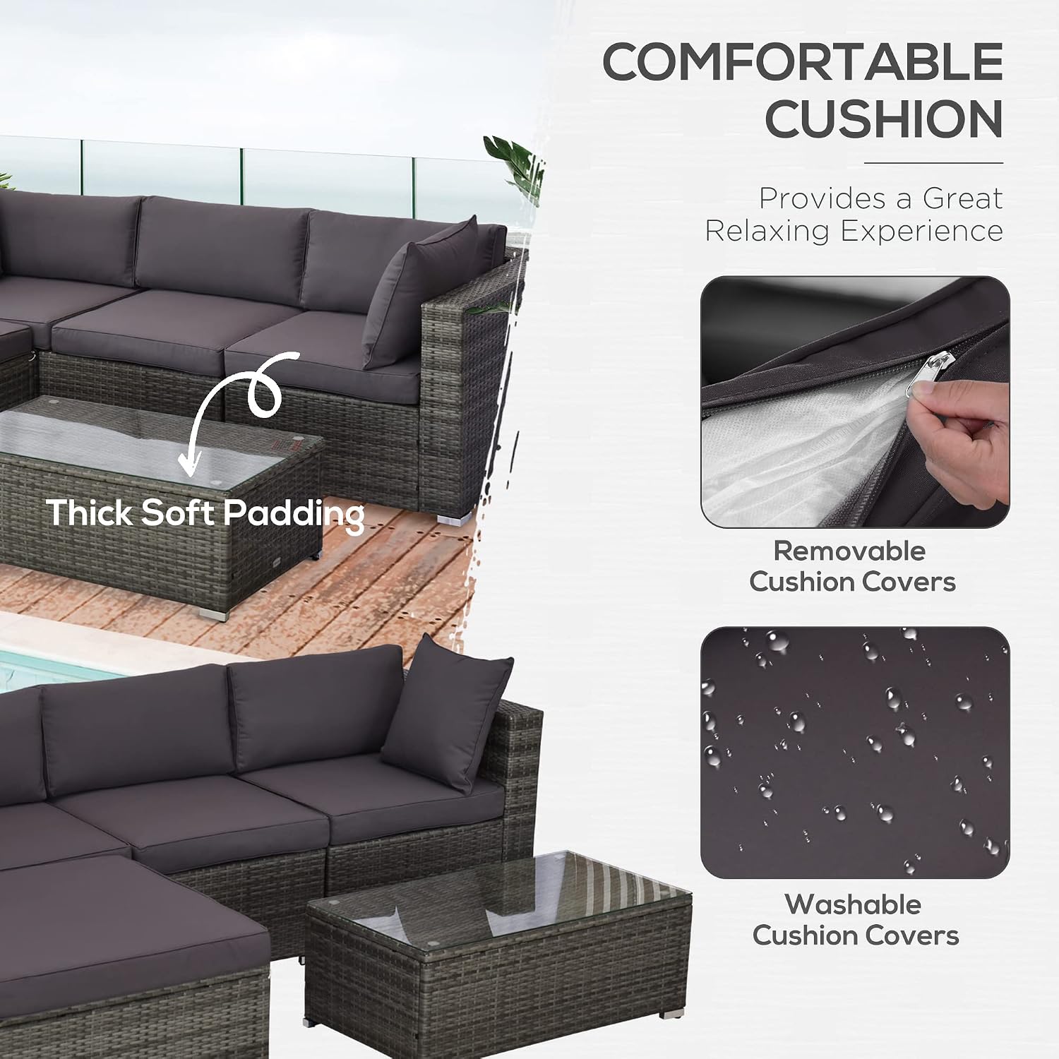 Outsunny 5-Piece Patio Furniture Set with Cushions, Outdoor PE Rattan Wicker Sofa Set, Sectional Furniture with Pillows, Glass Coffee Table for Garden, Backyard, Mixed Gray/Gray