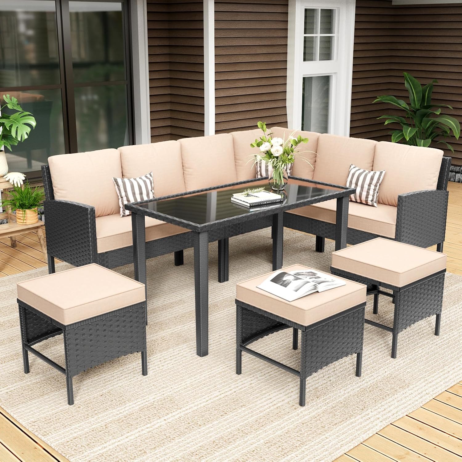 7-Piece Patio Furniture Set with Cushions and Pillows, Outdoor Wicker Sectional Sofa with Long Glass Coffee Table, All-Weather Conversation Set for Garden, Porch, Lawn, Khaki