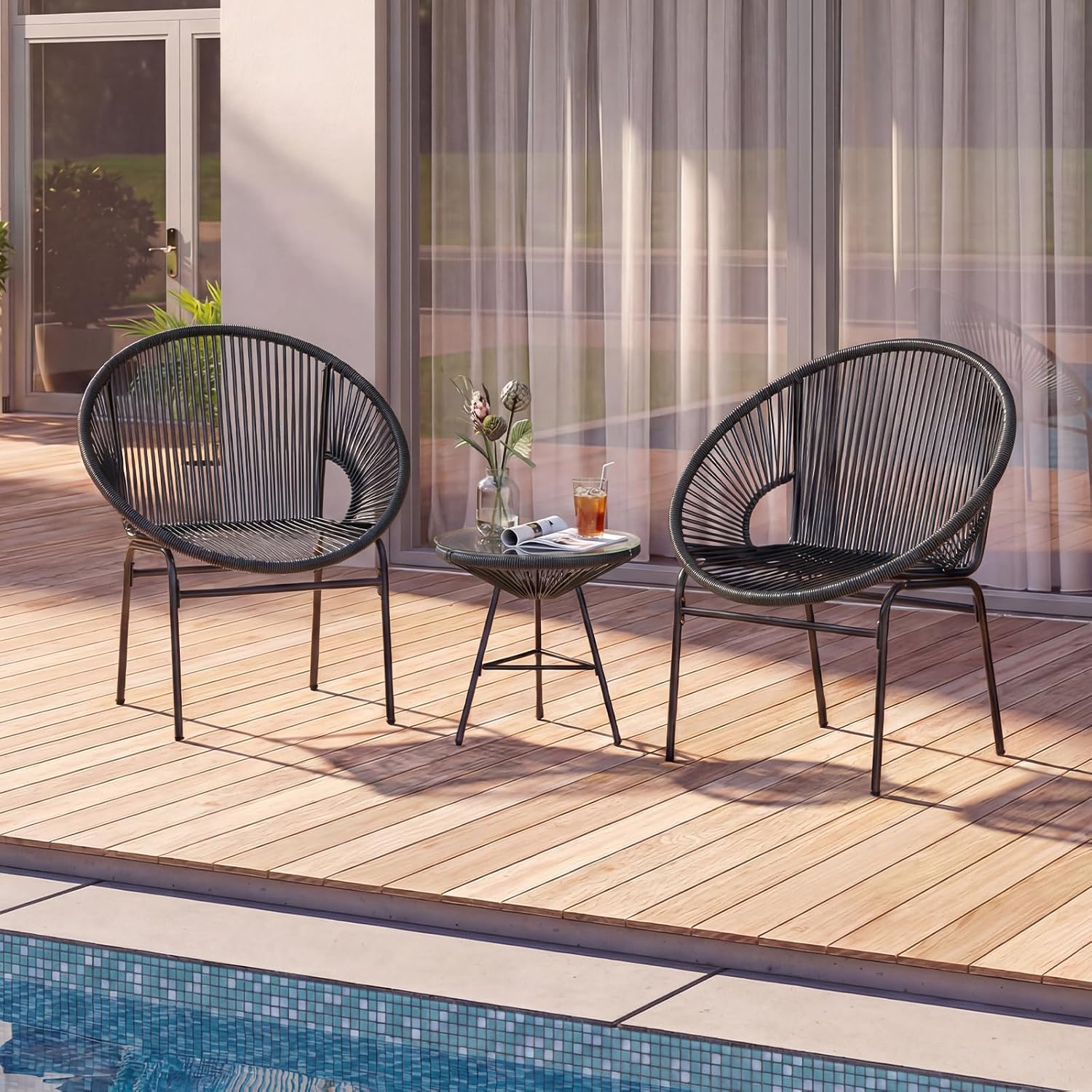 Tangkula 3 Piece Outdoor Patio Furniture Set, Acapulco Chair Set w/Plastic Rope, Tempered Glass Table, All Weather Patio Bistro Set for Patio, Lawn, Garden, Backyard (Black)