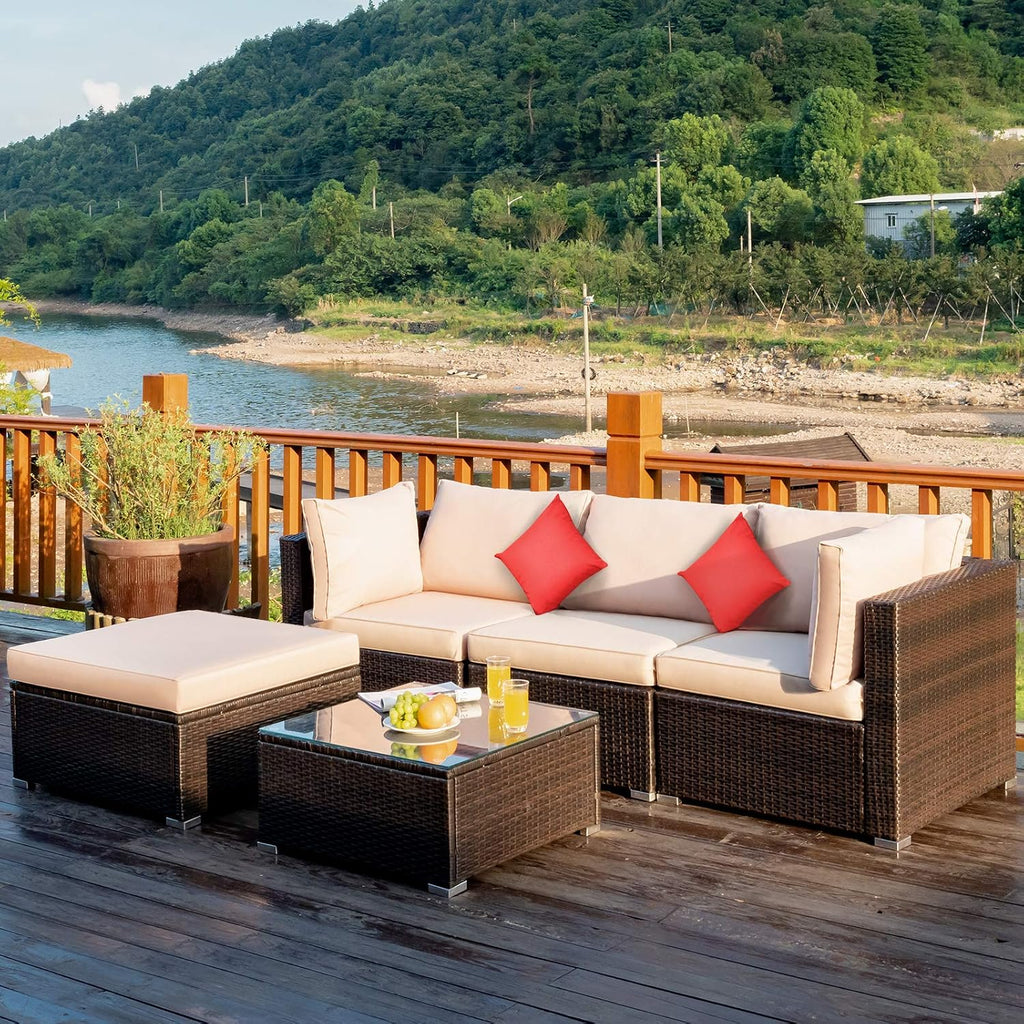 COSTWAY 5-Piece Outdoor Patio Furniture Set, Glass Top Coffee Table and Lounge Sofa with Cushions, PE Rattan Conversation Set for Garden, Deck, Backyard (Beige)