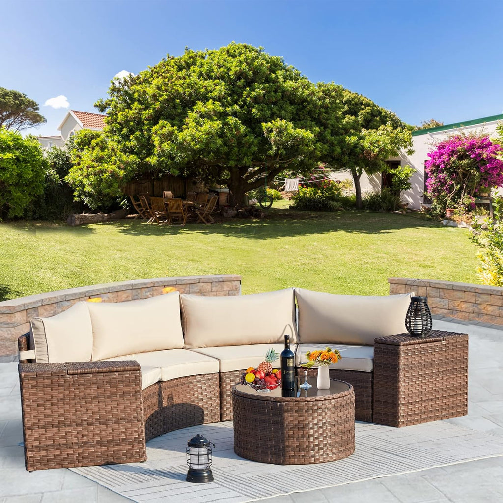 ECOTOUGE 7 Piece Patio Furniture Sets, Half-Moon Circle Conversation Set, Curved Wicker Outdoor Sectional with 2 Storage Armrests and Glass Coffee Table, Garden Balcony and Backyard (Beige)