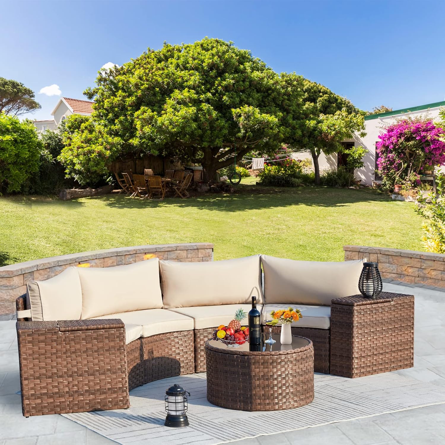 ECOTOUGE 7 Piece Patio Furniture Sets, Half-Moon Circle Conversation Set, Curved Wicker Outdoor Sectional with 2 Storage Armrests and Glass Coffee Table, Garden Balcony and Backyard (Beige)