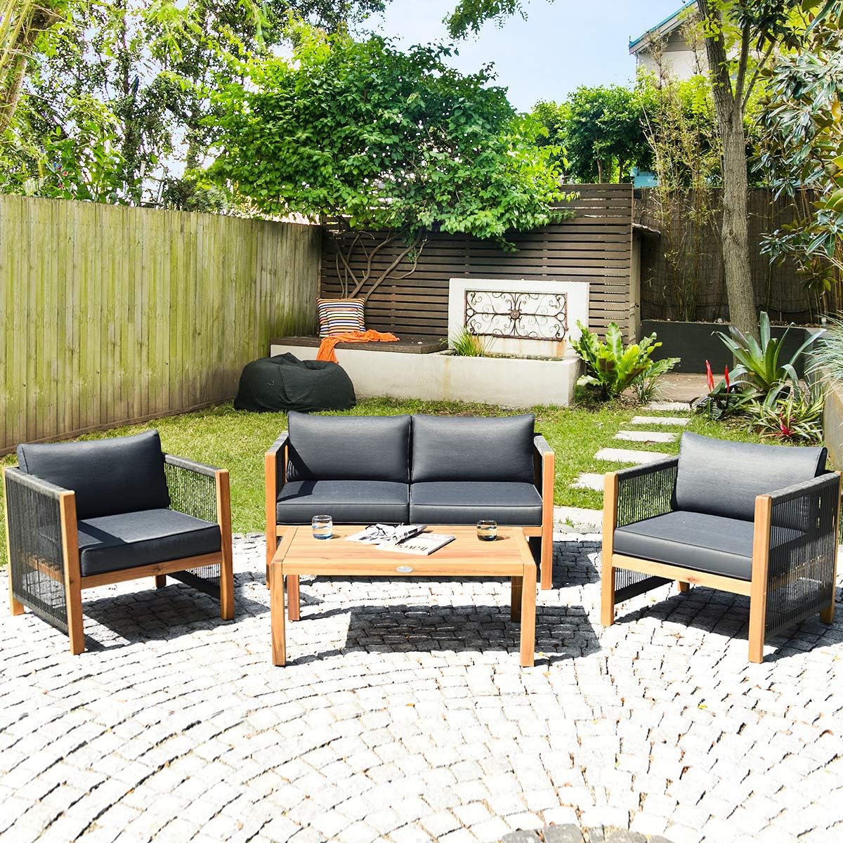 Tangkula Outdoor Wood Furniture Set, Acacia Frame Loveseat Sofa, 2 Single Chairs and Coffee Table, 4 Pieces Conversation Set with Cushions, Garden Balcony Poolside Living (1, Grey)