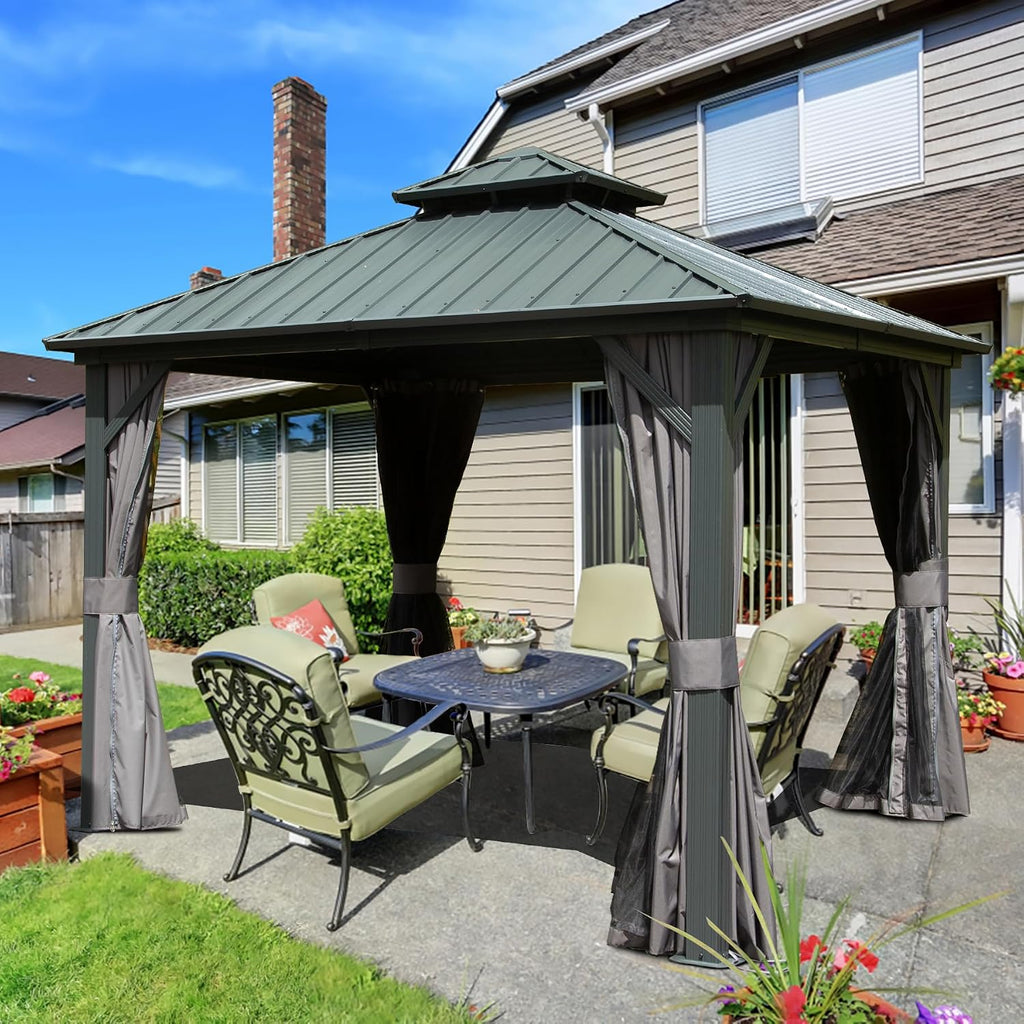 Domi 10x10FT Outdoor Gazebo, Patio Gazebo with Galvanized Steel, Hardtop Gazbo for Patio, Deck, Backyard, Curtain and Netting Included