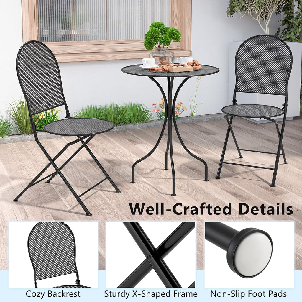 Tangkula 3 Pieces Patio Bistro Set, Metal Table and Folding Chair Set for 2, Outdoor Garden Furniture Set with Round Table & 2 Folding Chairs, Indoor Outdoor Bistro Set for Garden, Yard, Porch