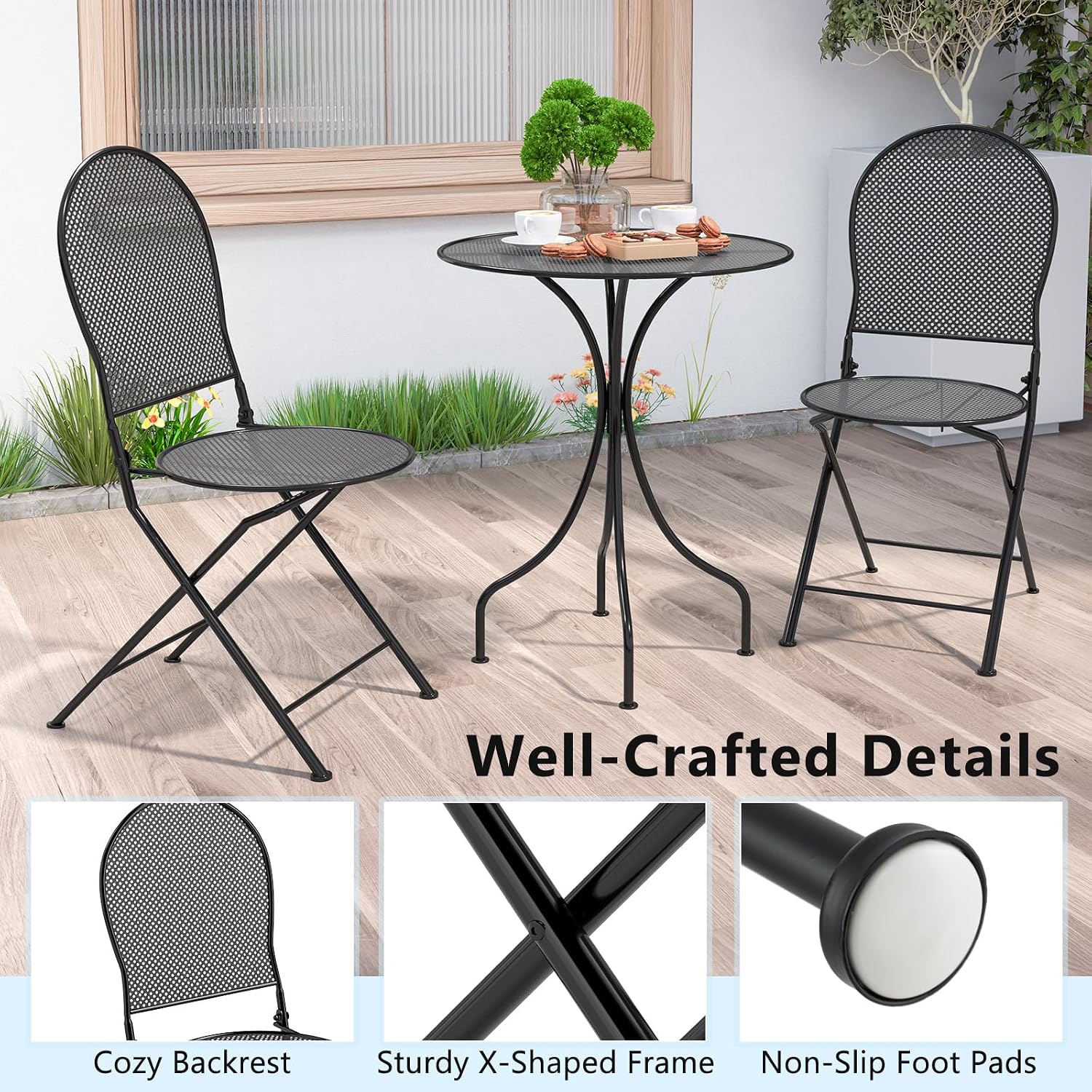 Tangkula 3 Pieces Patio Bistro Set, Metal Table and Folding Chair Set for 2, Outdoor Garden Furniture Set with Round Table & 2 Folding Chairs, Indoor Outdoor Bistro Set for Garden, Yard, Porch