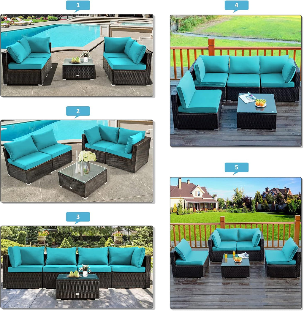 Tangkula 6-Piece Patio Furniture Set with 30' Propane Fire Pit Table, Outdoor PE Wicker Conversation Set with Cushions and Tempered Glass Coffee Table, Gas Fire Pit Table with 50,000 BTU (Turquoise)