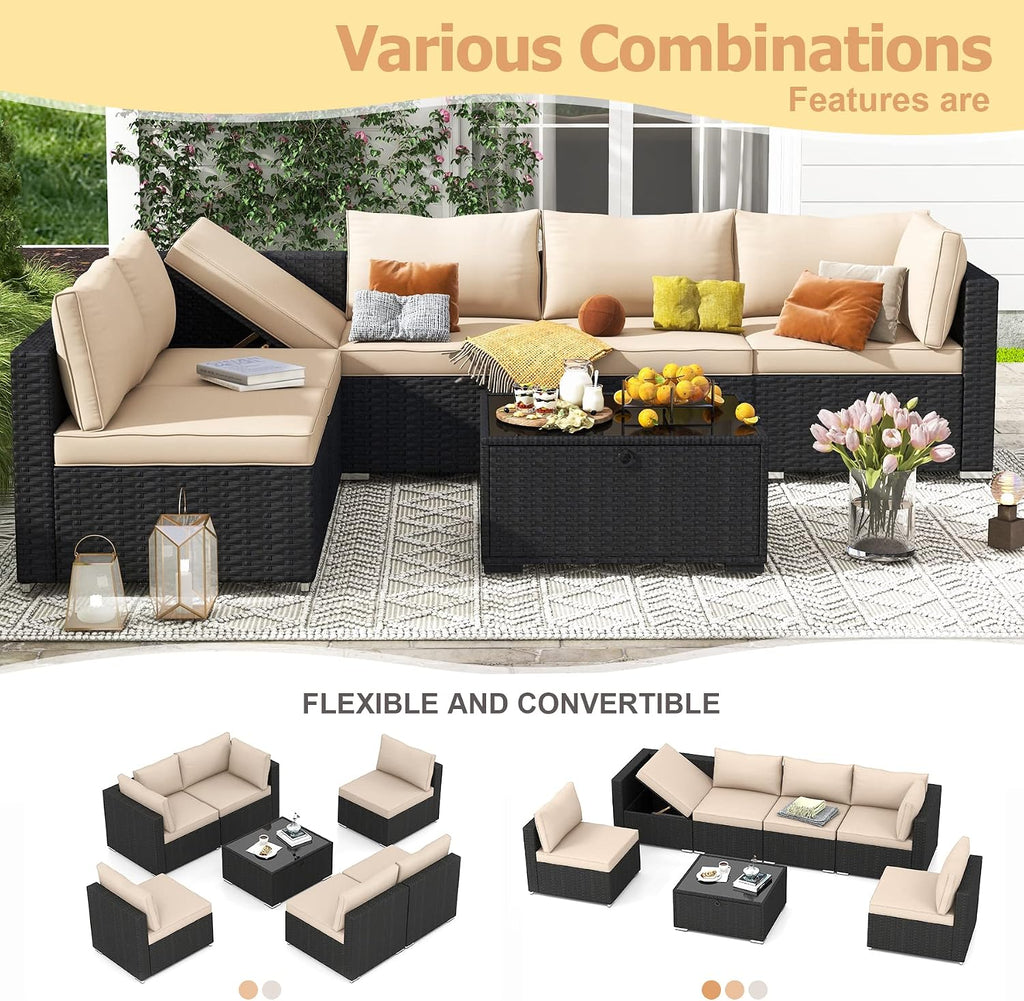 HOMREST 7 Piece Outdoor Patio Furniture, Hand Woven PE Rattan Patio Conversation Sets, Outdoor Sectional Set with Storage Table, Cushions and Pillows, Lift Sofa for Garden, Balcony, Lawn