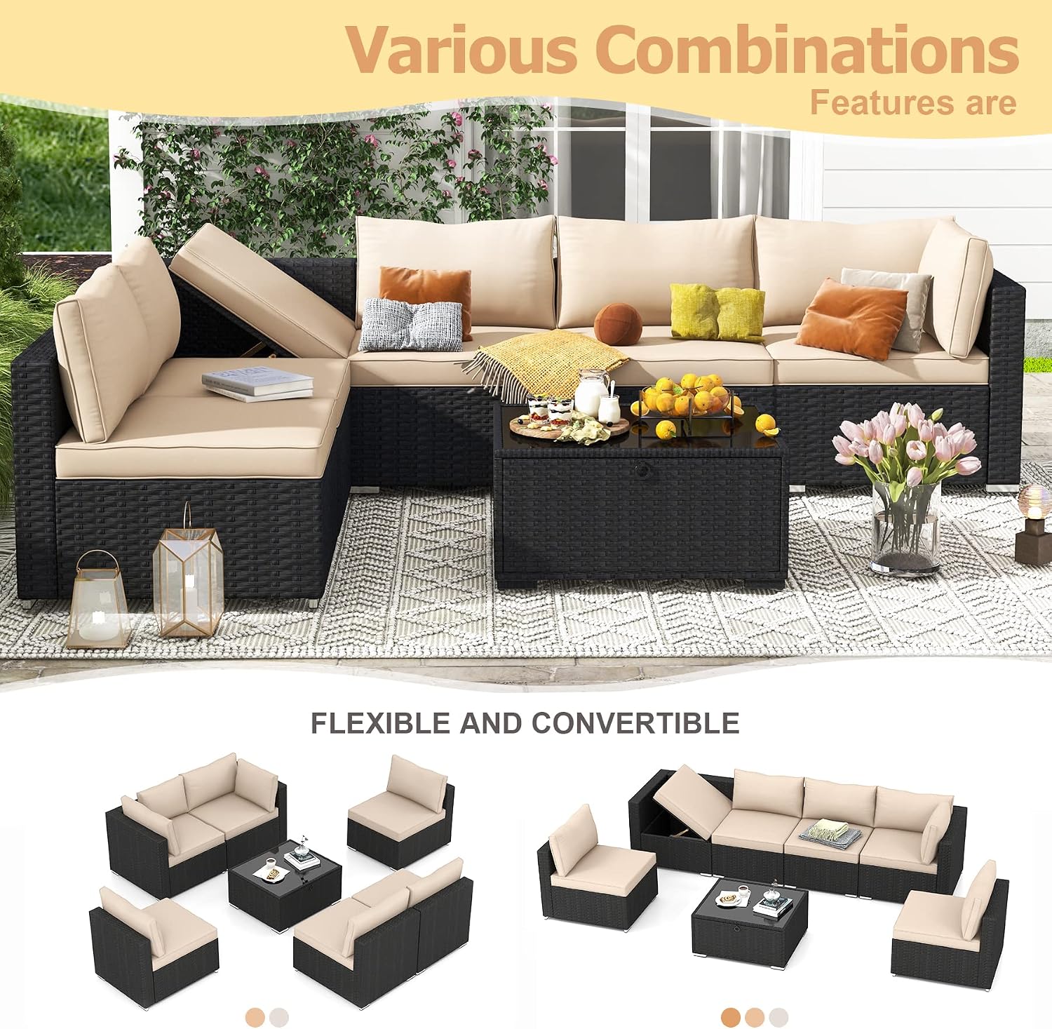 HOMREST 7 Piece Outdoor Patio Furniture, Hand Woven PE Rattan Patio Conversation Sets, Outdoor Sectional Set with Storage Table, Cushions and Pillows, Lift Sofa for Garden, Balcony, Lawn