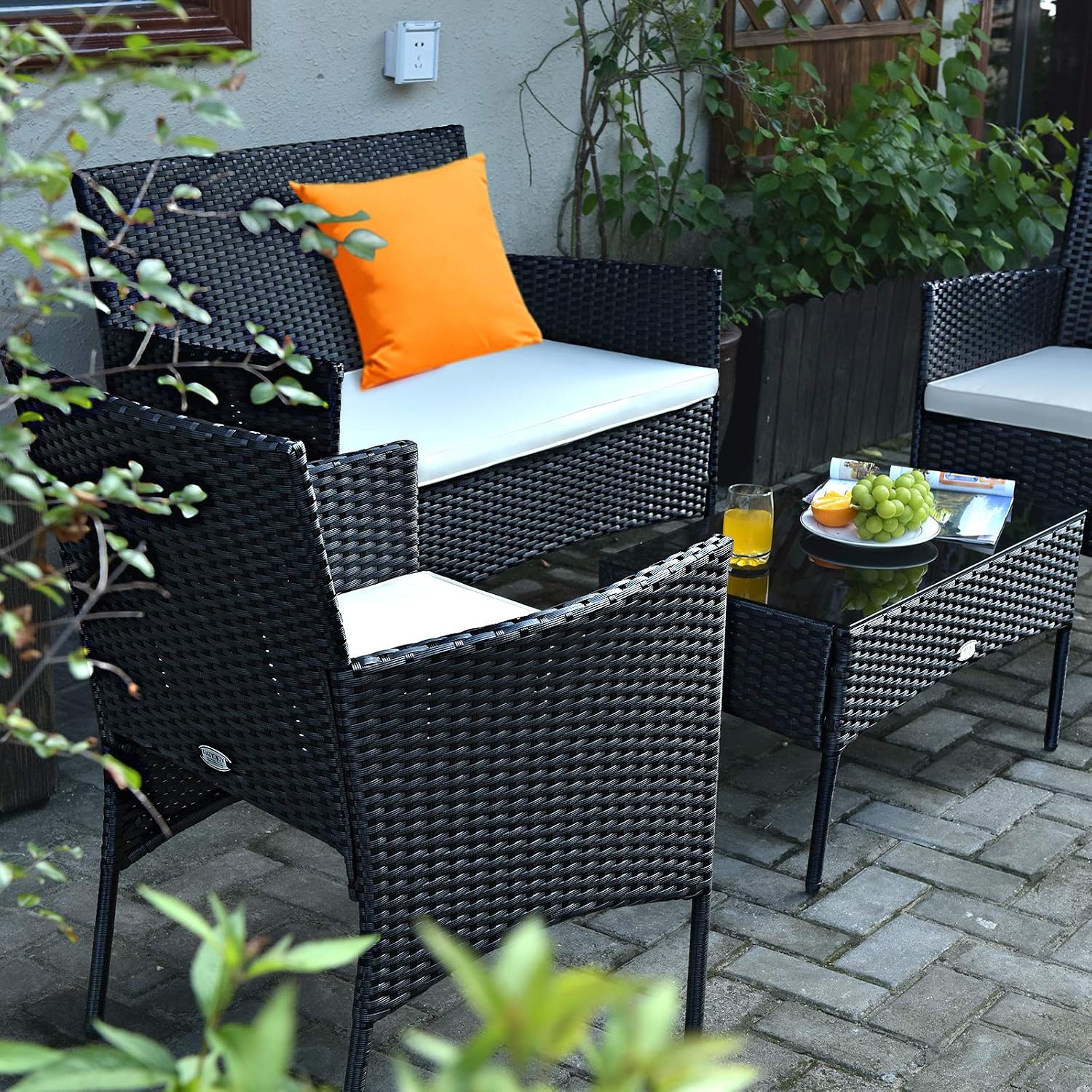 Tangkula 4 Piece Patio Furniture Set, Outdoor Wicker Conversation Set with Tempered Glass Coffee Table, Rattan Loveseat & Chairs Set with Seat Cushions for Backyard, Garden, Poolside (1, Beige)