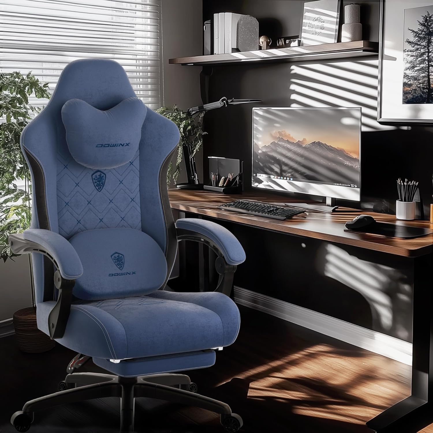 Dowinx Gaming Chair with Heated Massage Lumbar Support,Big and Tall Fabric Gaming Chairs for Adults with Footrest, Ergonomic Computer Game Chair with Poket Spring Cushions, 350lbs, Blue