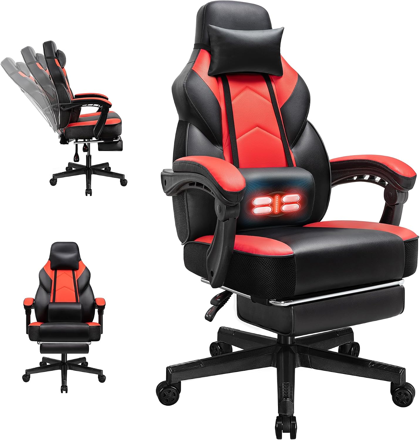 Gaming Chairs for Adults, Computer Chair with Footrest, High Back, Big and Tall Gamer Chair's with Massage Lumbar Support, 360° Swivel Height Adjustable Computer Chaires, Dark Red