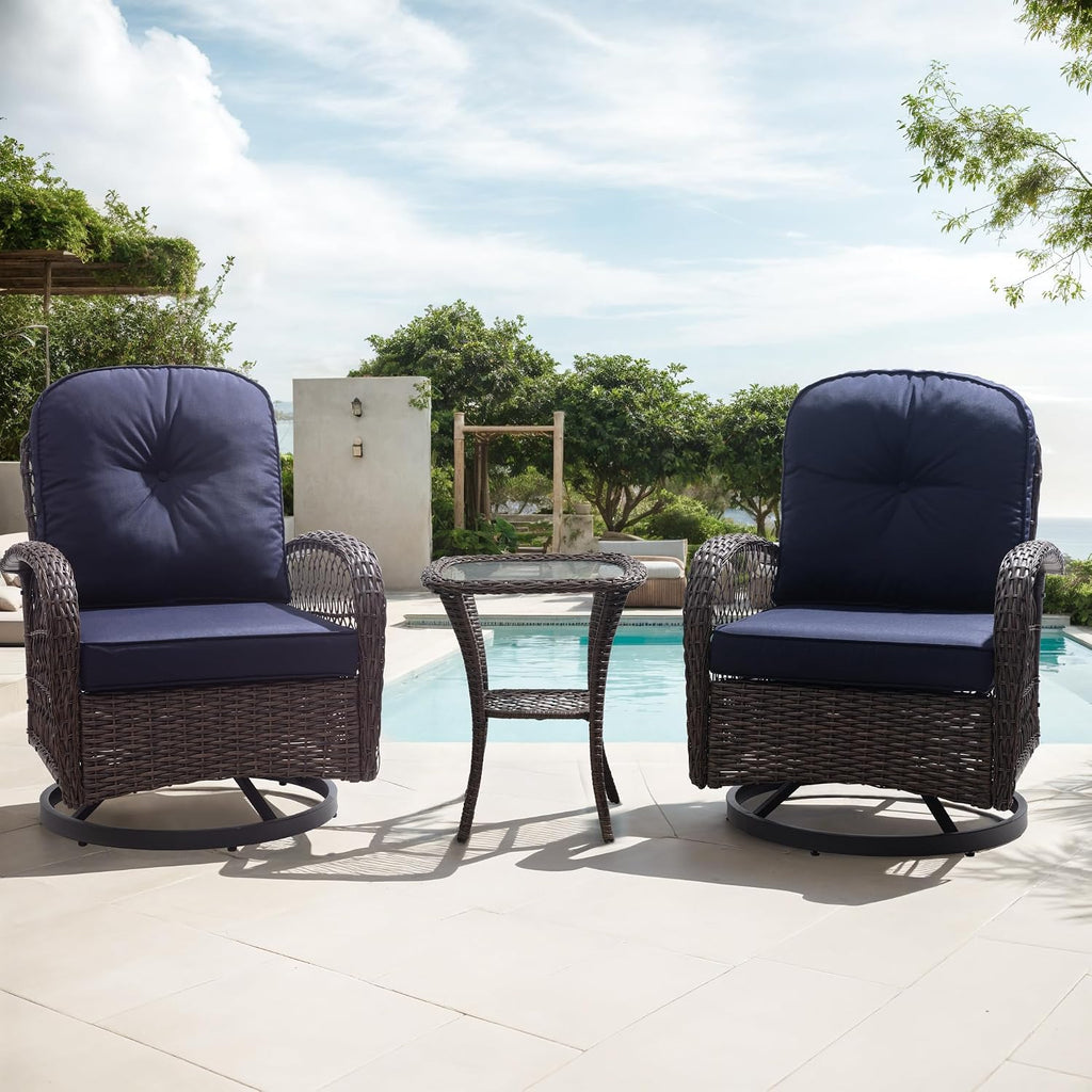 Allewie Patio Furniture Set, 3 Piece Wicker Patio Bistro Set Swivel Rocking Chairs Set of 2 with Coffee Table Outdoor Rattan Conversation Chairs for Porch Backyard Poolside, Blue