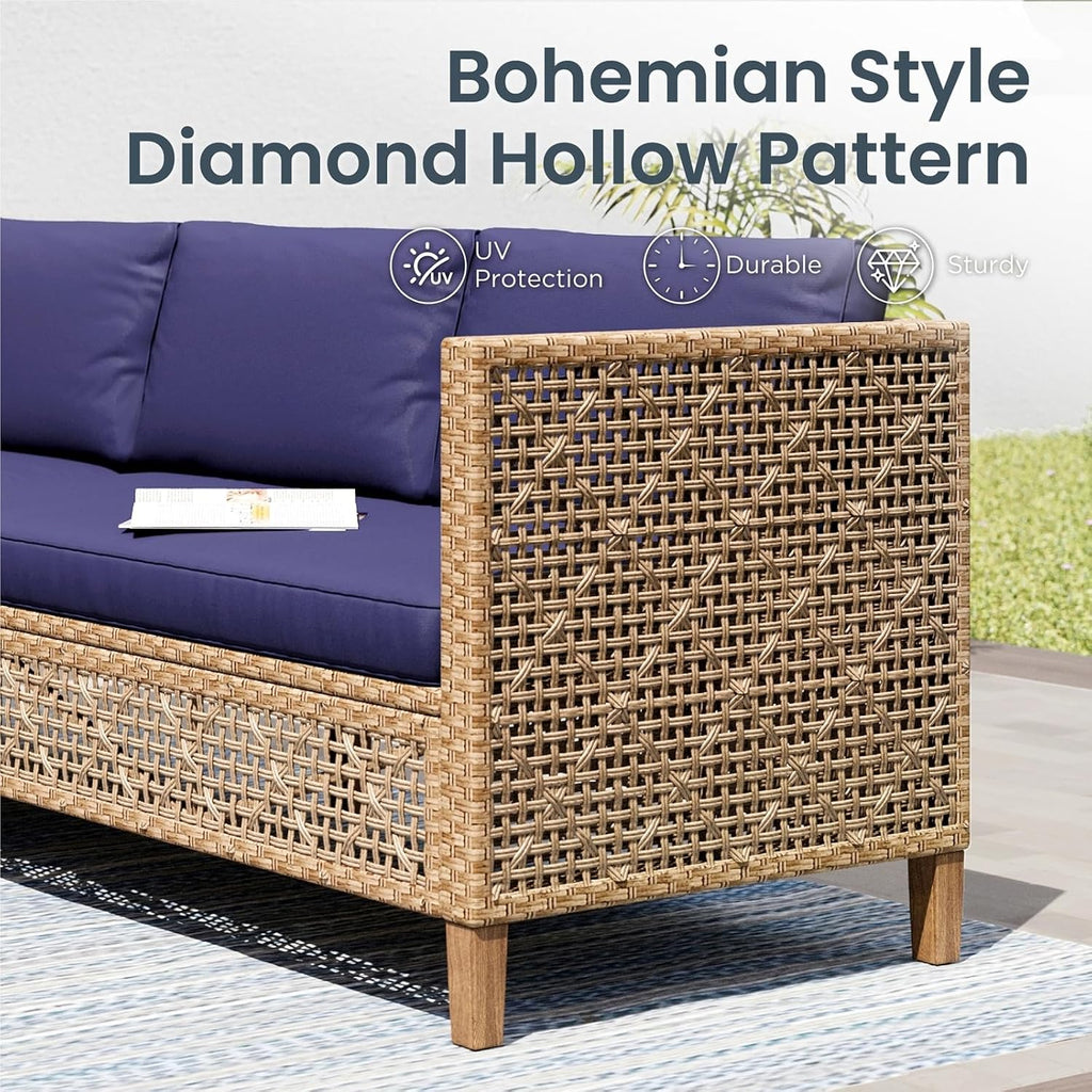 PHI VILLA Sectional Outdoor Couch, L-Shaped Wicker Patio Sofa Set, Small Rattan Patio Furniture Set with Acacia Wood Coffee Table for Deck Porch, 4 Seats, Navy Blue Cushion