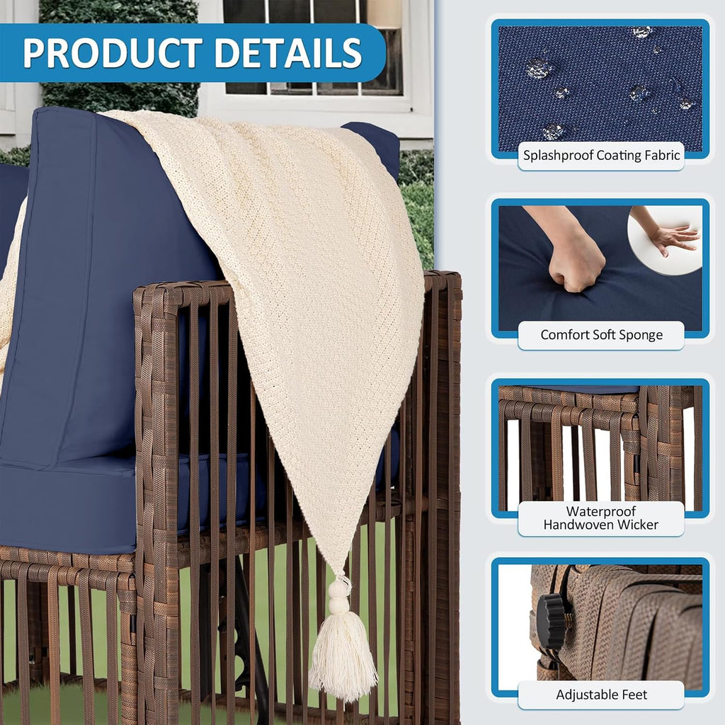 FHFO 7 Piece Patio Furniture Set, Outdoor Wicker Sectional Sofa Conversation Set Couch with Adjustable Backrest, Thick Cushion & Coffee Table for Garden, Porch, Poolside, Brown/Blue