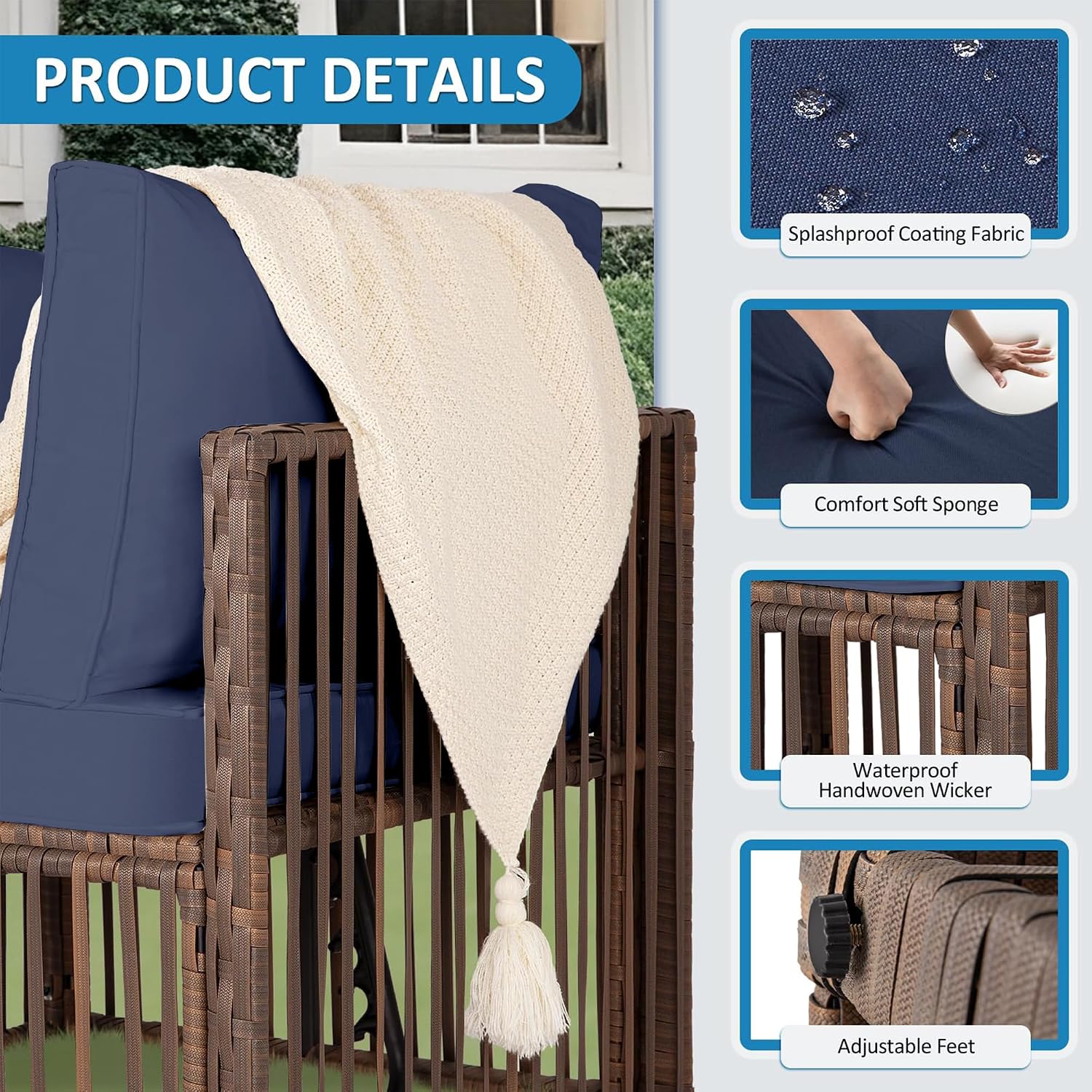 FHFO 7 Piece Patio Furniture Set, Outdoor Wicker Sectional Sofa Conversation Set Couch with Adjustable Backrest, Thick Cushion & Coffee Table for Garden, Porch, Poolside, Brown/Blue