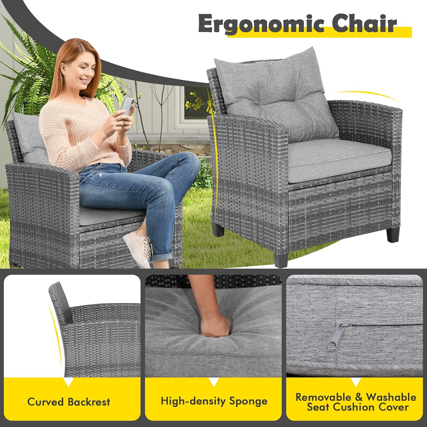 COSTWAY 3-Piece Patio Furniture Set, Outdoor Wicker Rattan Sofa with Cushions, Coffee Table with Tempered Glass, Conversation Sofa Set for Poolside Backyard Balcony (Grey)