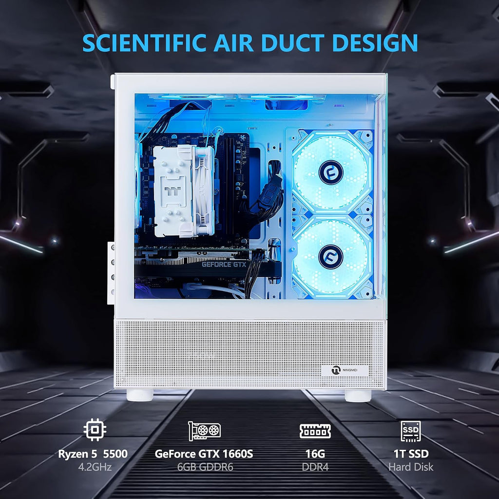 NINGMEI Gaming PC Desktop Computer,AMD Ryzen 5 5500 4.2 GHz,GeForce GTX 1660 Super 6GB,1TB NVMe SSD,16GB DDR4 3200MHz, Air Cooled Prebuilt,650W PSU,Windows 11 Home, Gamer PC, White