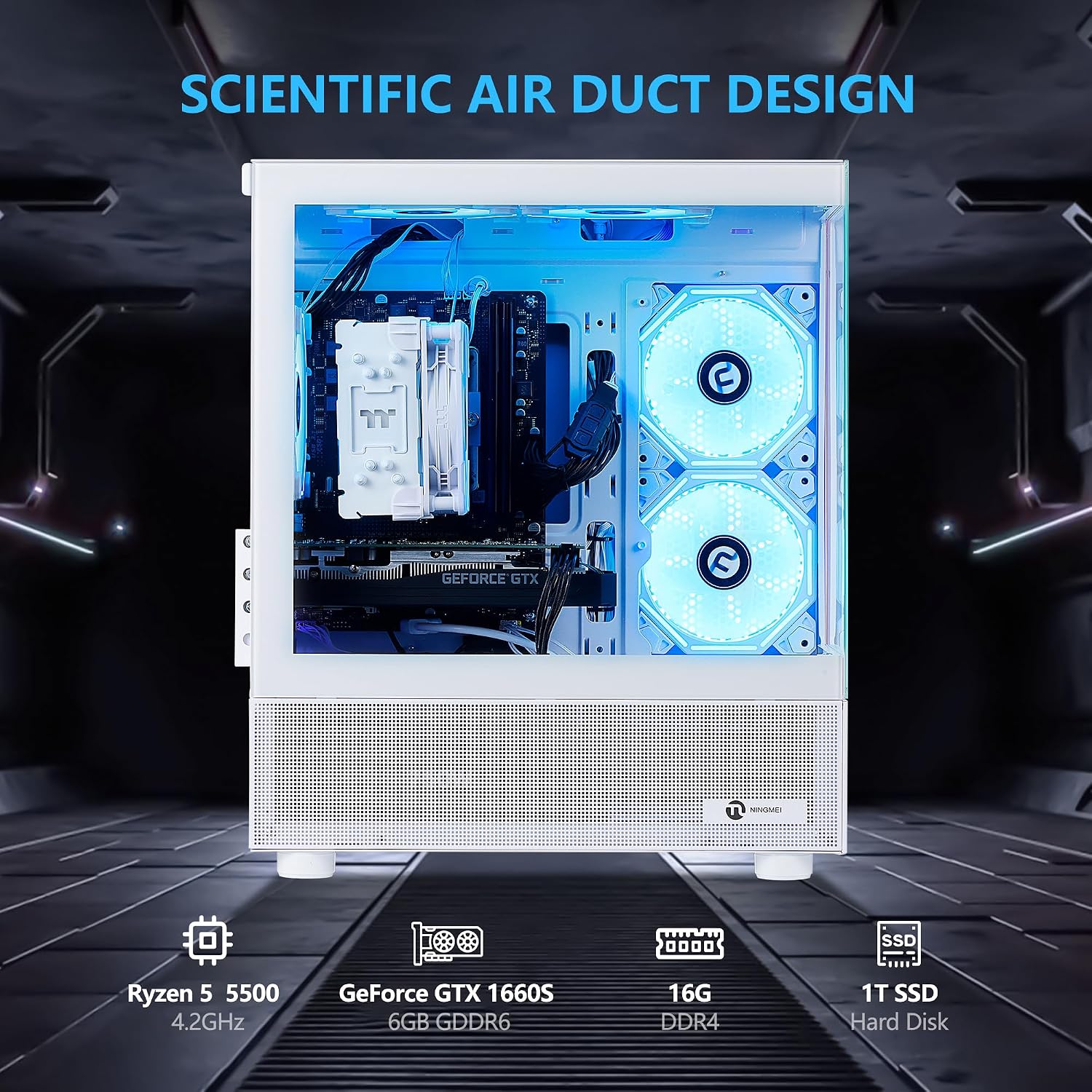 NINGMEI Gaming PC Desktop Computer,AMD Ryzen 5 5500 4.2 GHz,GeForce GTX 1660 Super 6GB,1TB NVMe SSD,16GB DDR4 3200MHz, Air Cooled Prebuilt,650W PSU,Windows 11 Home, Gamer PC, White