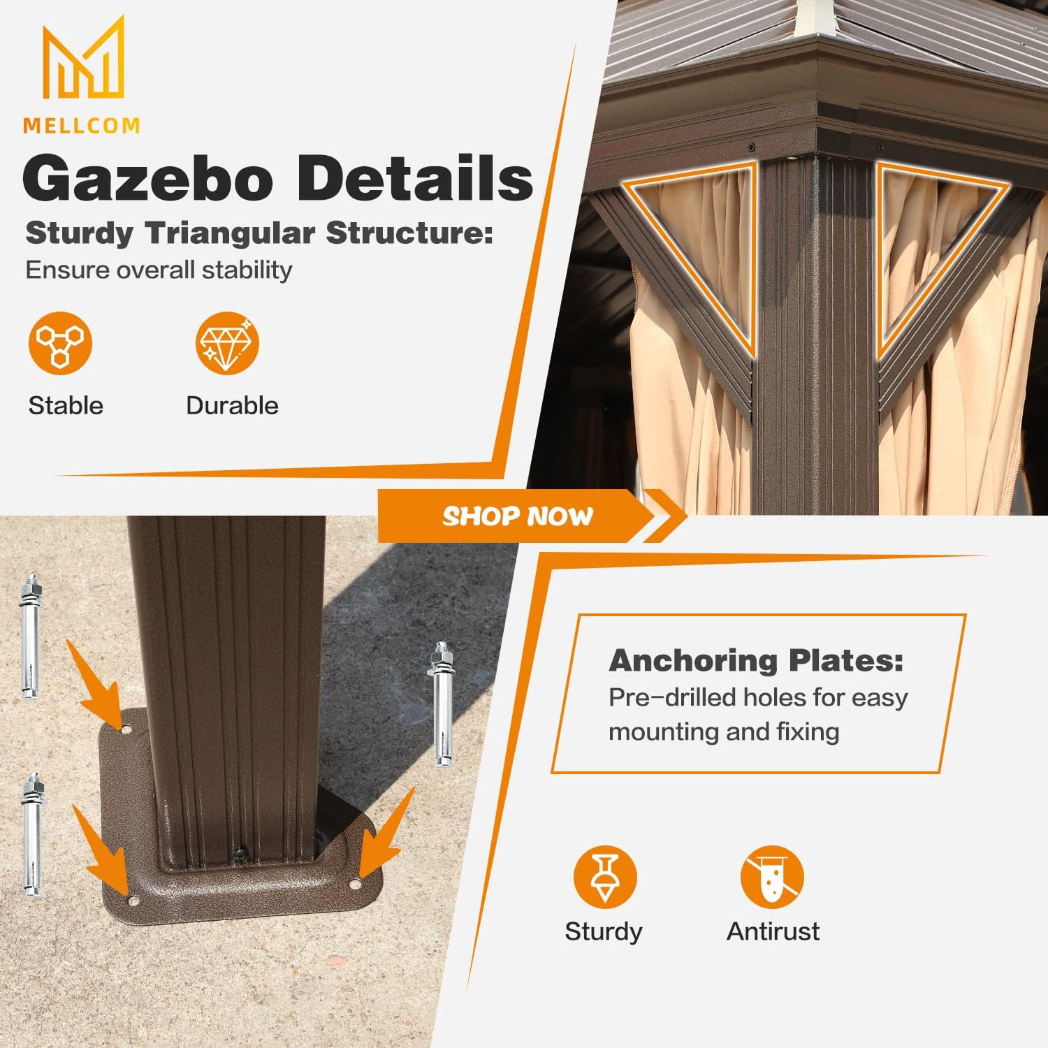 MELLCOM 12' x 12' Hardtop Gazebo, Galvanized Steel Double Roof Outdoor Gazebos, Aluminum Frame Metal Gazebo with Netting and Curtains for Patio, Lawn & Garden